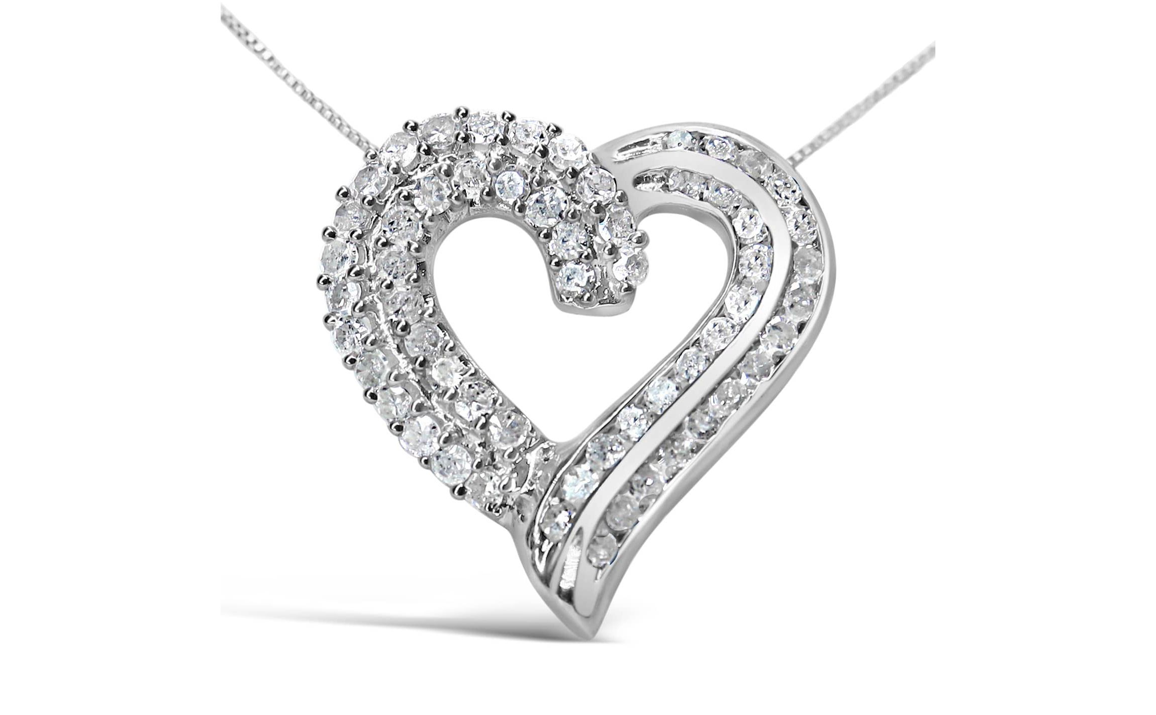 Silver 1.0 Cttw Prong & -Set Diamond Open work Ribbon Heart Pendant 18" Necklace