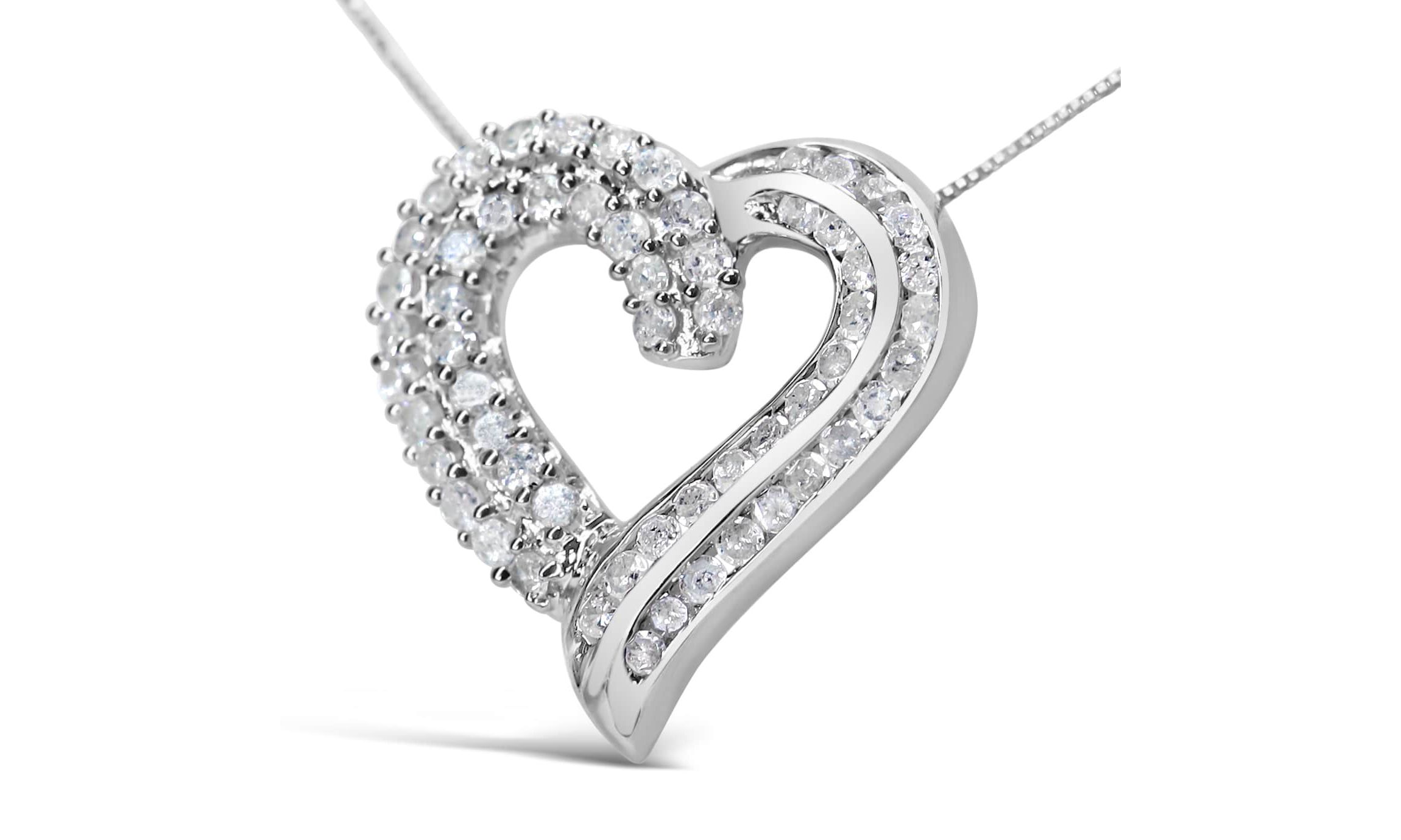 Silver 1.0 Cttw Prong & -Set Diamond Open work Ribbon Heart Pendant 18" Necklace