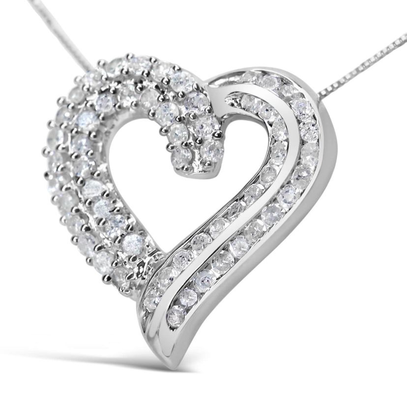 Silver 1.0 Cttw Prong & -Set Diamond Open work Ribbon Heart Pendant 18" Necklace