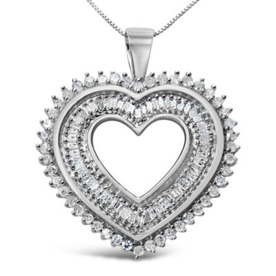Haus of Brilliance .925 Sterling Silver 1.0 Cttw Baguette and Round Diamond Heart Pendant 18" Necklace, White, 18 in