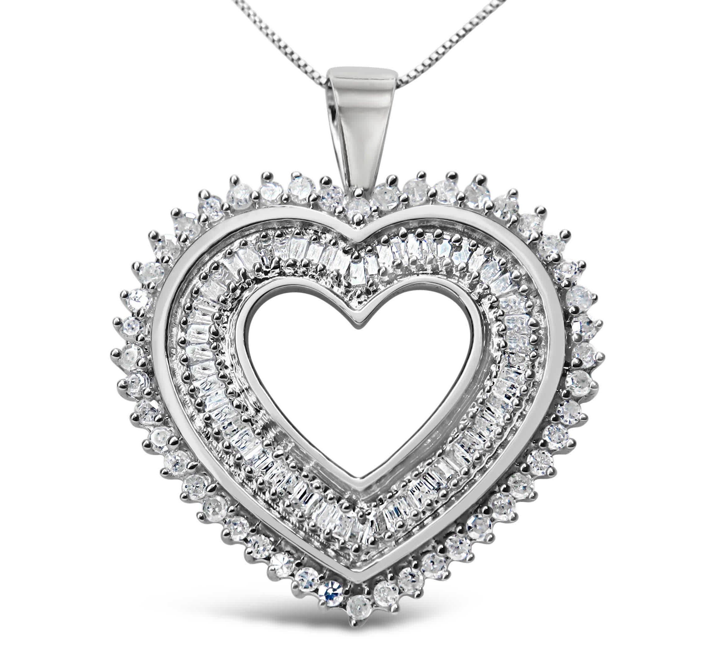 .925 Sterling Silver 1.0 Cttw Baguette and Round Diamond Heart Pendant 18" Necklace