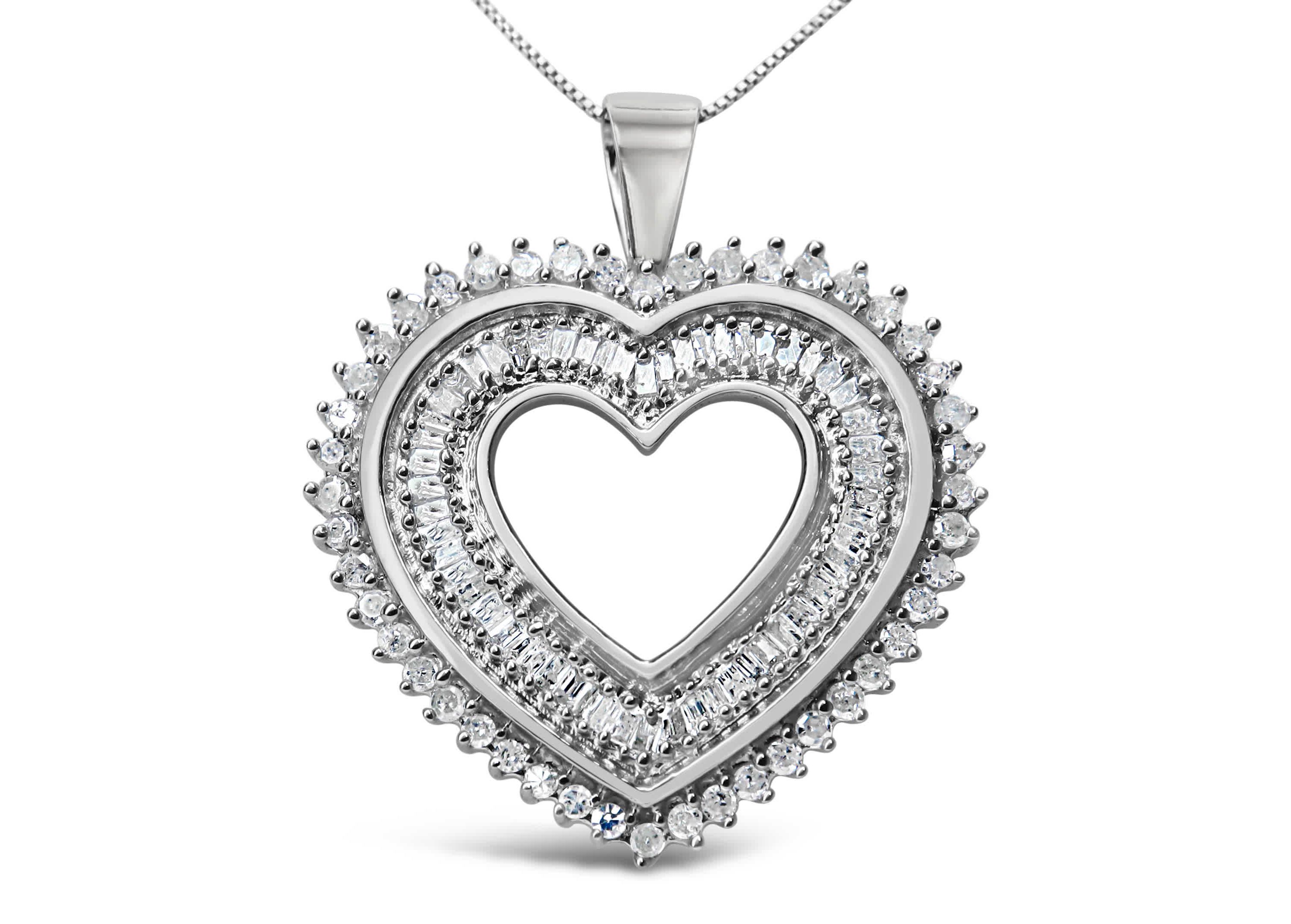 .925 Sterling Silver 1.0 Cttw Baguette and Round Diamond Heart Pendant 18" Necklace
