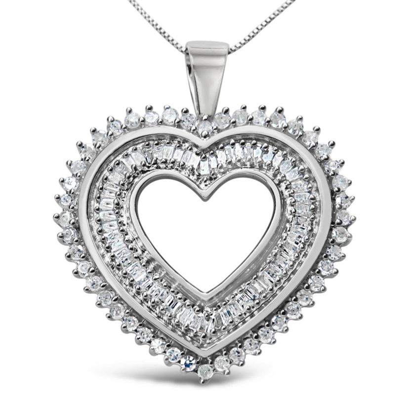 .925 Sterling Silver 1.0 Cttw Baguette and Round Diamond Heart Pendant 18" Necklace