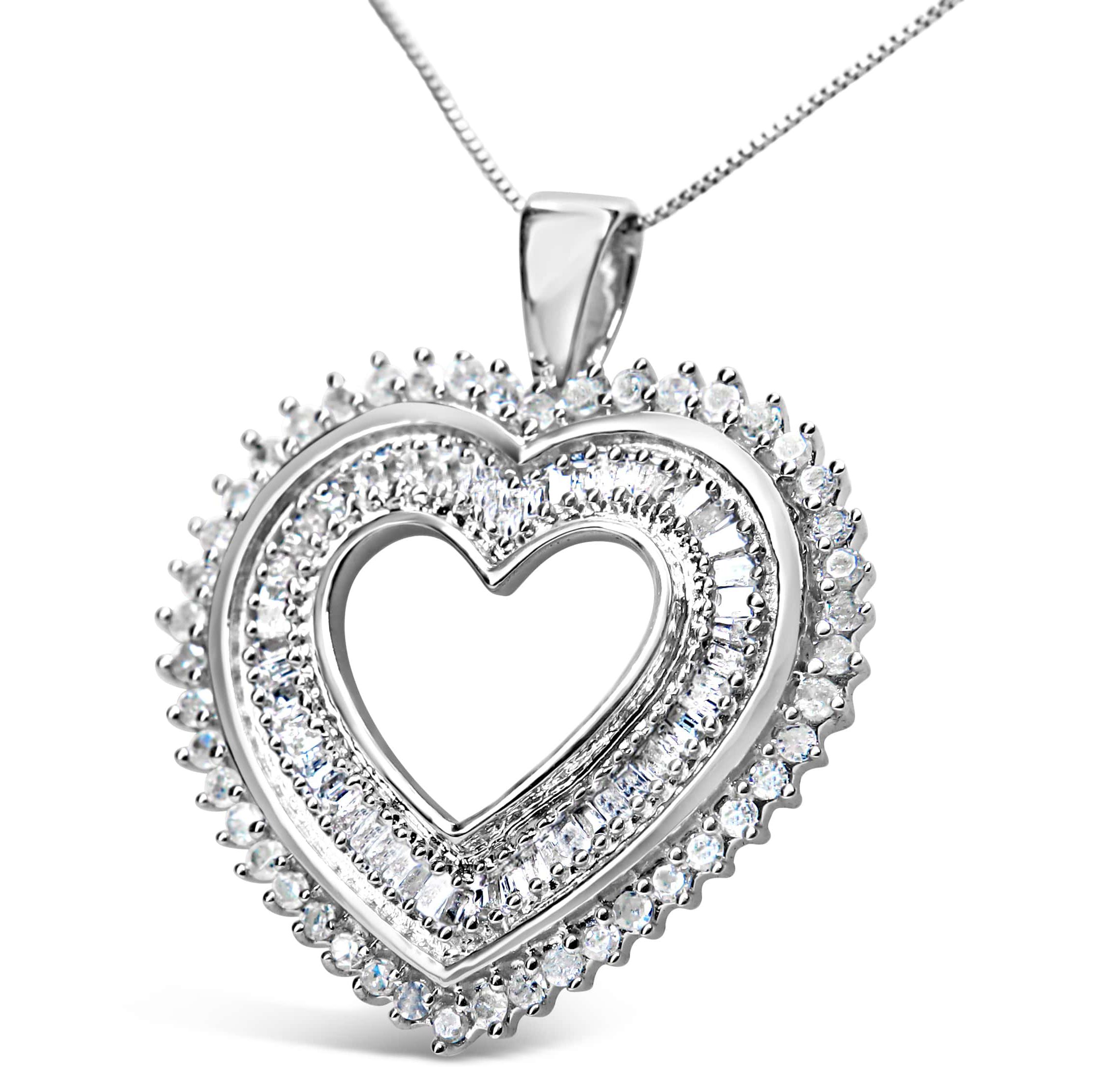 .925 Sterling Silver 1.0 Cttw Baguette and Round Diamond Heart Pendant 18" Necklace