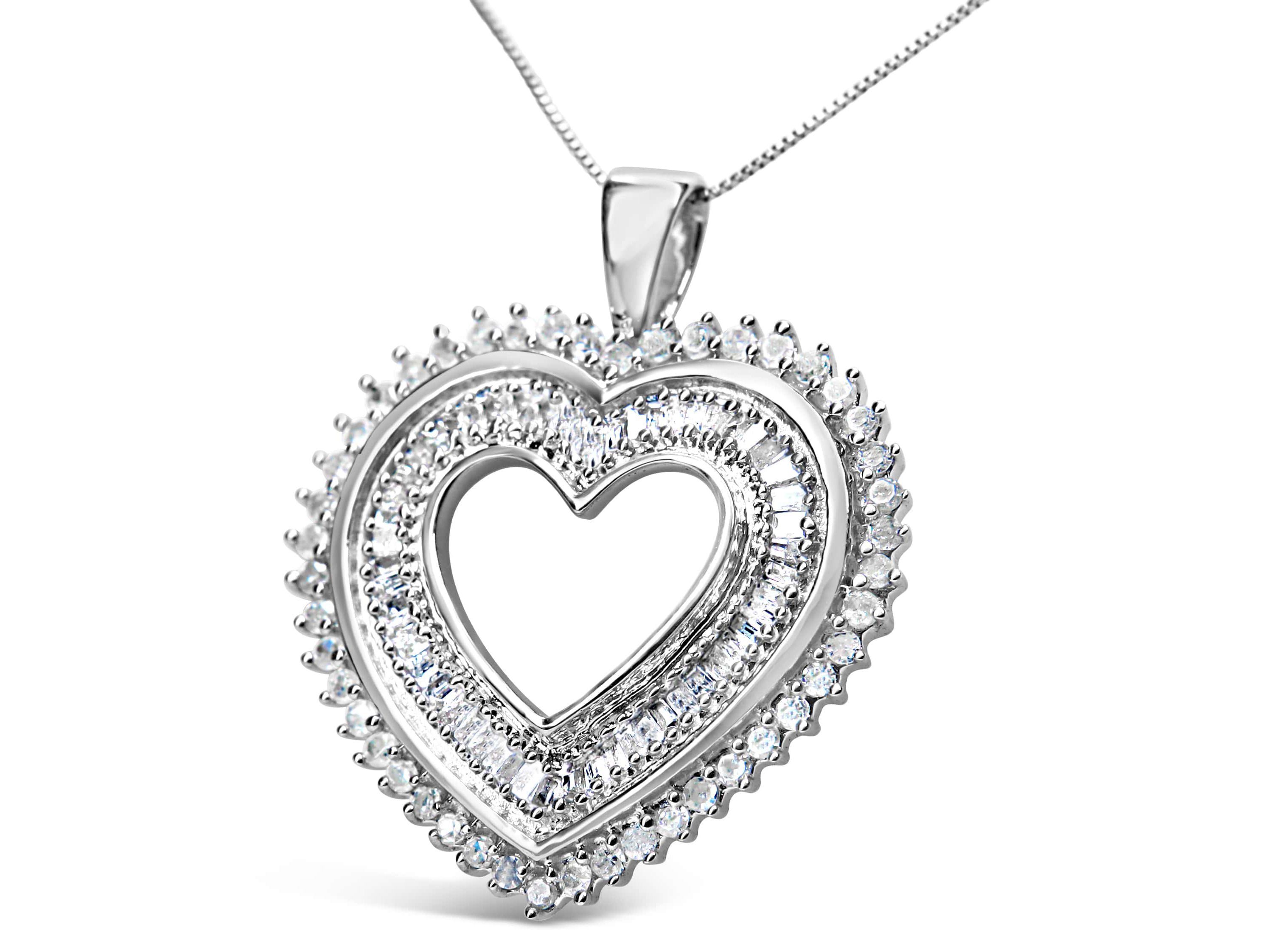 .925 Sterling Silver 1.0 Cttw Baguette and Round Diamond Heart Pendant 18" Necklace