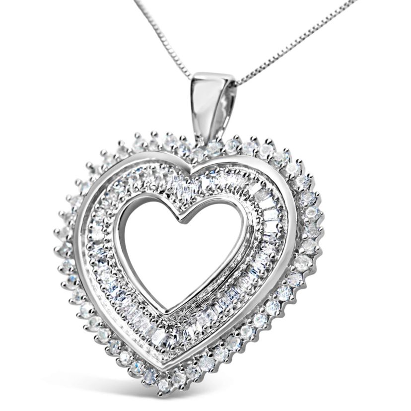 .925 Sterling Silver 1.0 Cttw Baguette and Round Diamond Heart Pendant 18" Necklace