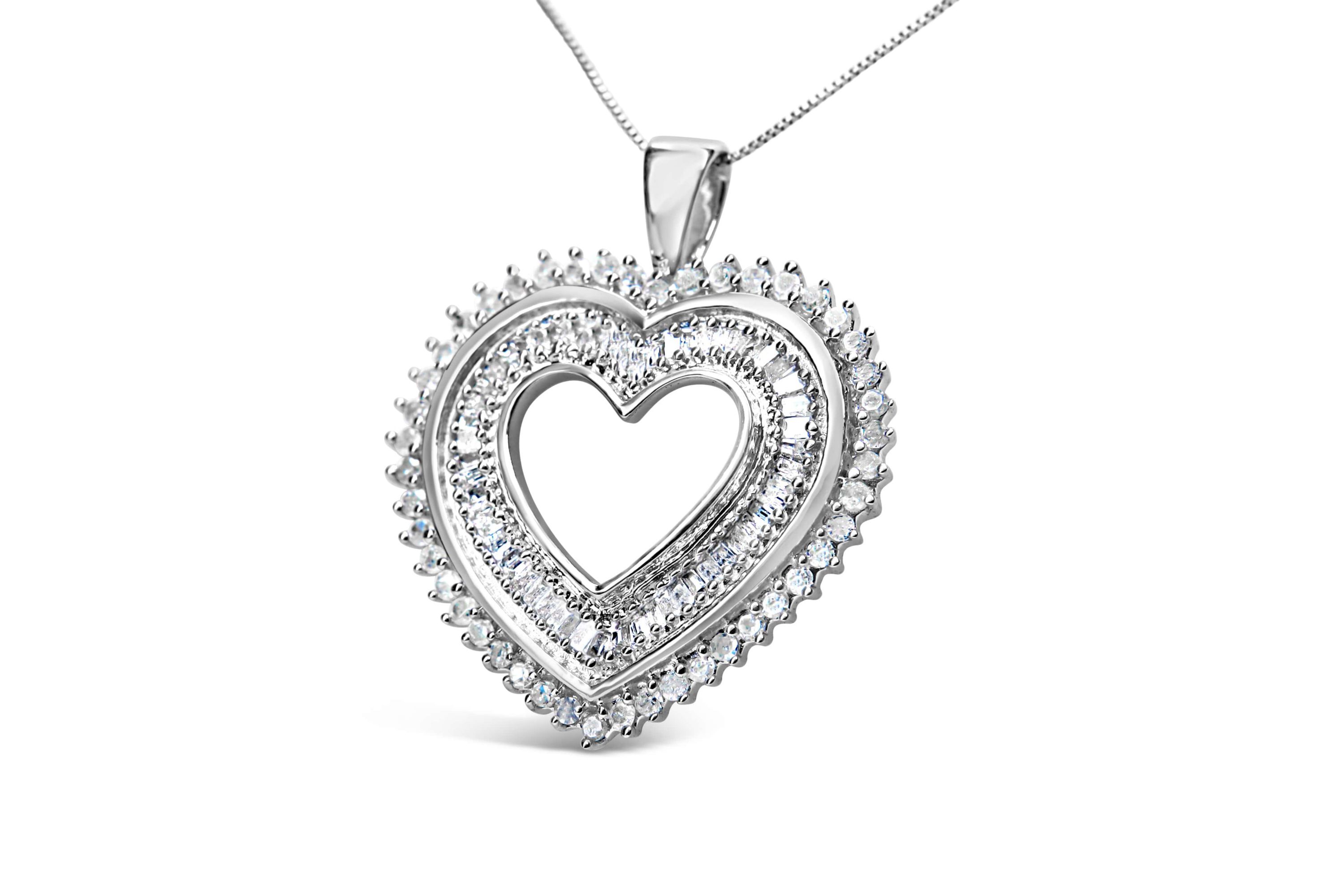 .925 Sterling Silver 1.0 Cttw Baguette and Round Diamond Heart Pendant 18" Necklace