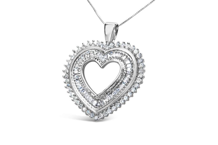 .925 Sterling Silver 1.0 Cttw Baguette and Round Diamond Heart Pendant 18" Necklace