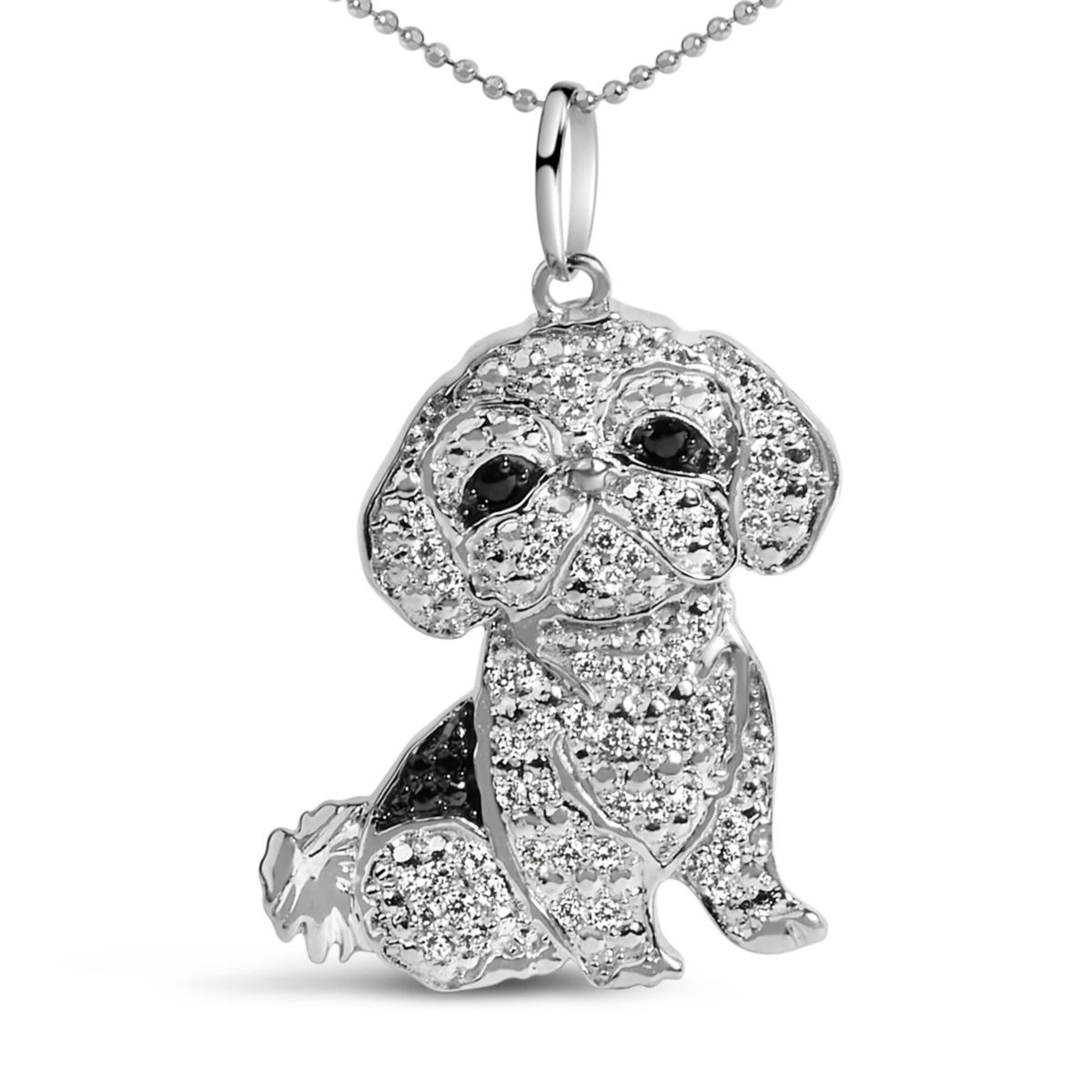 Silver 1/2 Cttw White and Black Diamond Shih Tzu Dog 18" Pendant Necklace