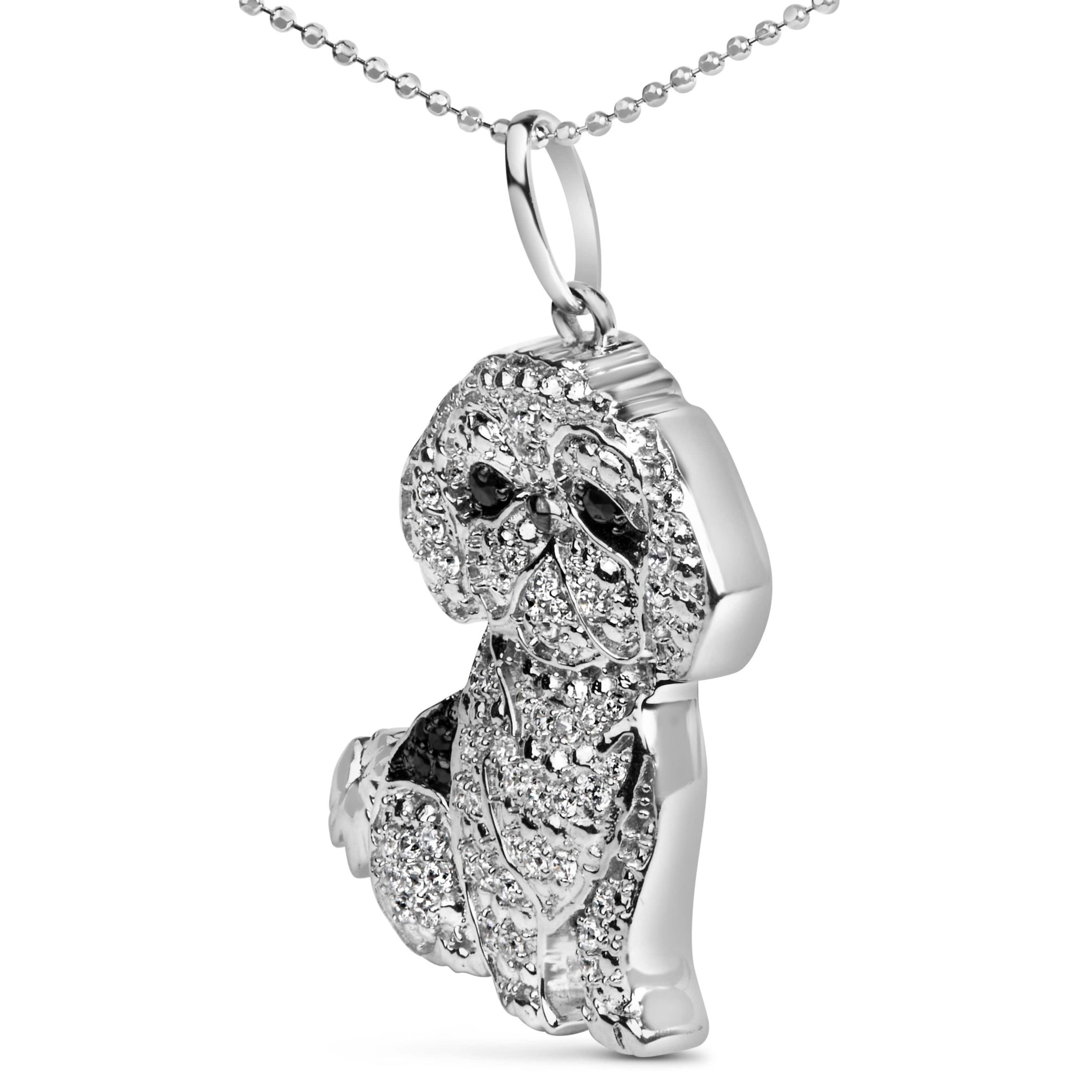 Silver 1/2 Cttw White and Black Diamond Shih Tzu Dog 18" Pendant Necklace