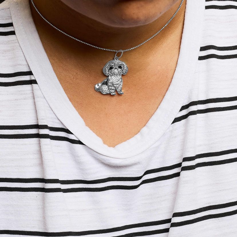 Silver 1/2 Cttw White and Black Diamond Shih Tzu Dog 18" Pendant Necklace