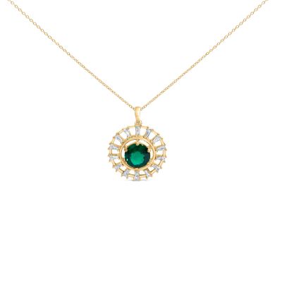 Haus of Brilliance Lab Created 14KT Yellow Gold Plated .925 Sterling Silver Lab Grown Emerald and Baguette Diamond Medallion Pendant Necklace