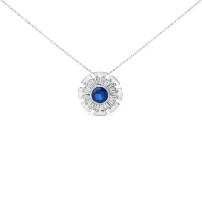 Haus of Brilliance Lab Created Sterling Silver Lab Grown Blue Sapphire and 1 1/5 Cttw Diamond Sunburst Pendant Necklace