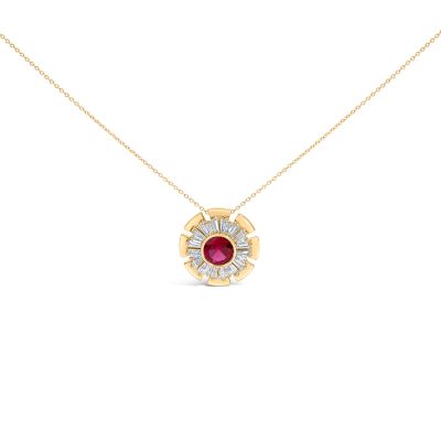 Haus of Brilliance Lab Created 14K Yellow Gold Plated Silver Created Red Ruby and Diamond Baguette Medallion Pendant Necklace, 18 in