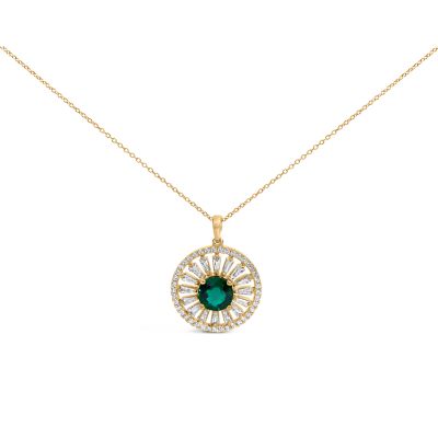 Haus of Brilliance Lab Created 14K Yellow Gold Plated Sterling Silver Lab Grown Emerald and Diamond Sunburst Medallion Pendant Necklace