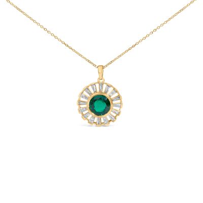 Haus of Brilliance Lab Created 14K Yellow Gold Plated Sterling Silver Lab Grown Emerald and Baguette Diamond Sunburst Medallion Pendant Necklace