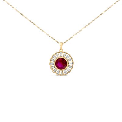 Haus of Brilliance Lab Created 14K Yellow Gold Plated Silver Created Red Ruby and Baguette Diamond Sunburst Medallion Pendant Necklace, 18 in