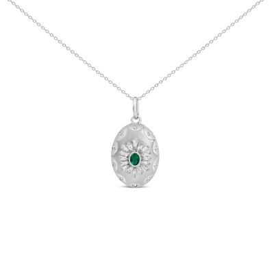 Haus of Brilliance Lab Created Sterling Silver Lab Grown Emerald and Diamond Sunburst Medallion Pendant Necklace