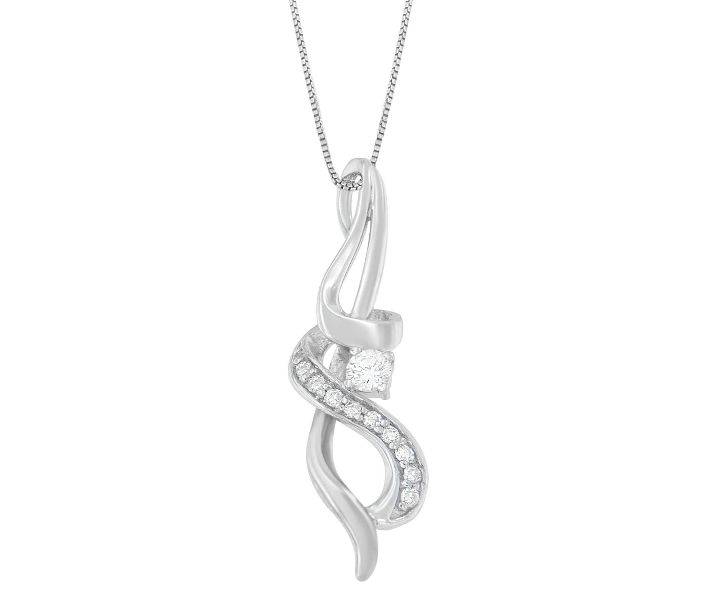 Espira 10K White Gold 1/5 cttw Round Cut Diamond Swirl Pendant Necklace