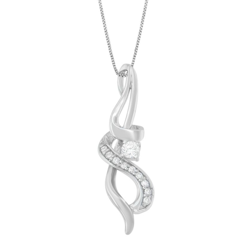 Espira 10K White Gold 1/5 cttw Round Cut Diamond Swirl Pendant Necklace