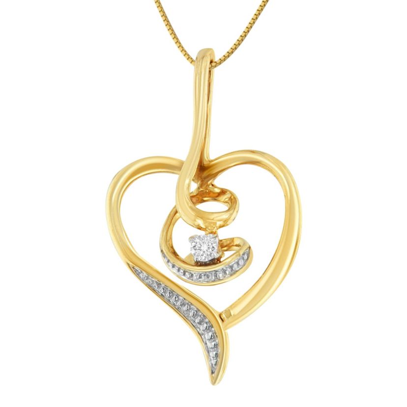 10K Yellow Gold .03 Cttw Diamond-Accented Diamond Swirl Open Heart Pendant Necklace