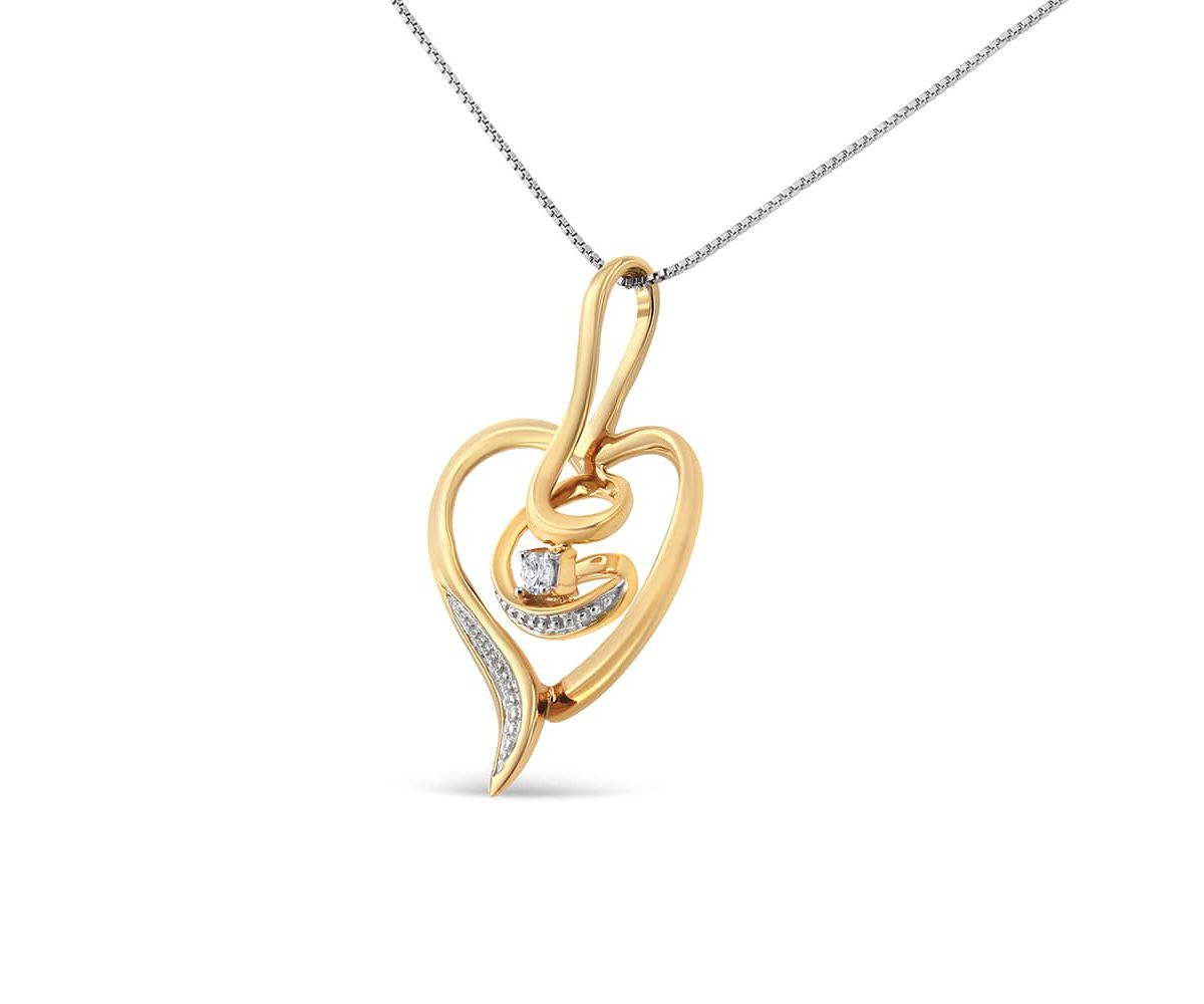 10K Yellow Gold .03 Cttw Diamond-Accented Diamond Swirl Open Heart Pendant Necklace