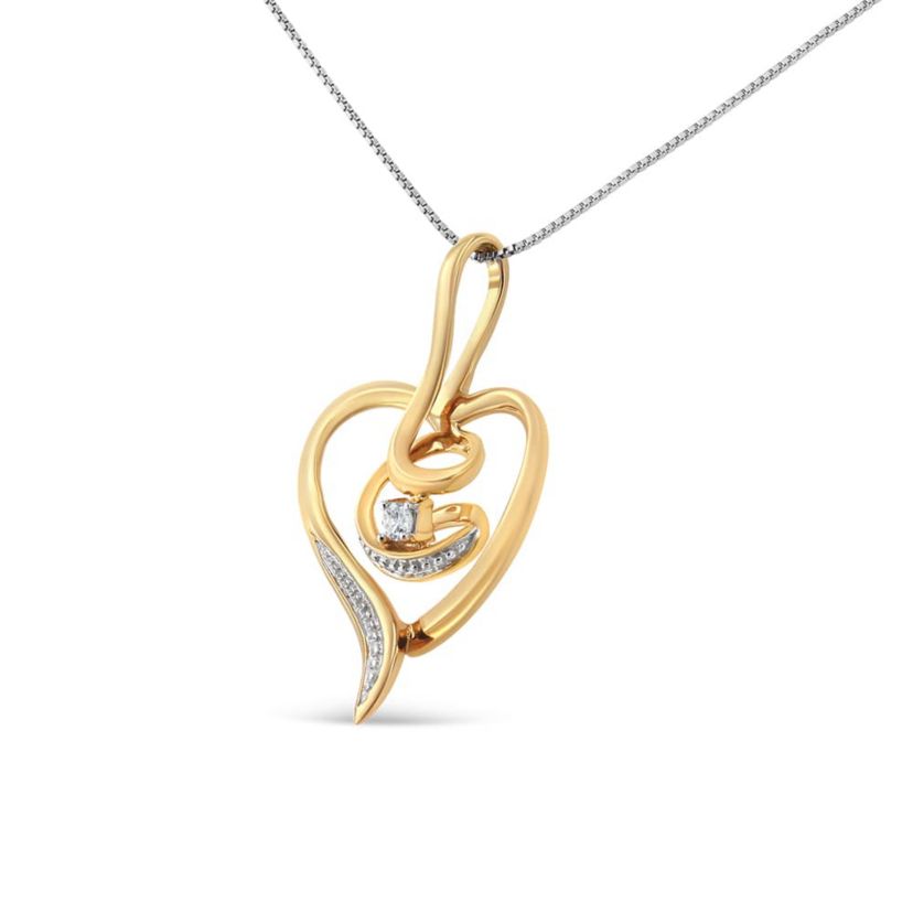 10K Yellow Gold .03 Cttw Diamond-Accented Diamond Swirl Open Heart Pendant Necklace