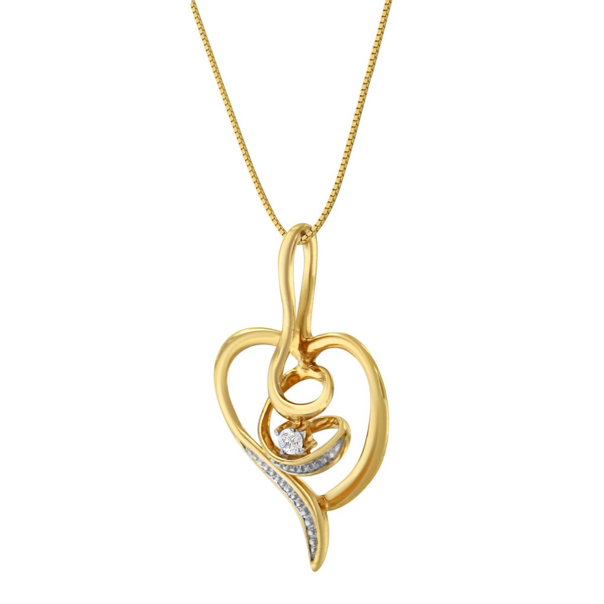 10K Yellow Gold .03 Cttw Diamond-Accented Diamond Swirl Open Heart Pendant Necklace