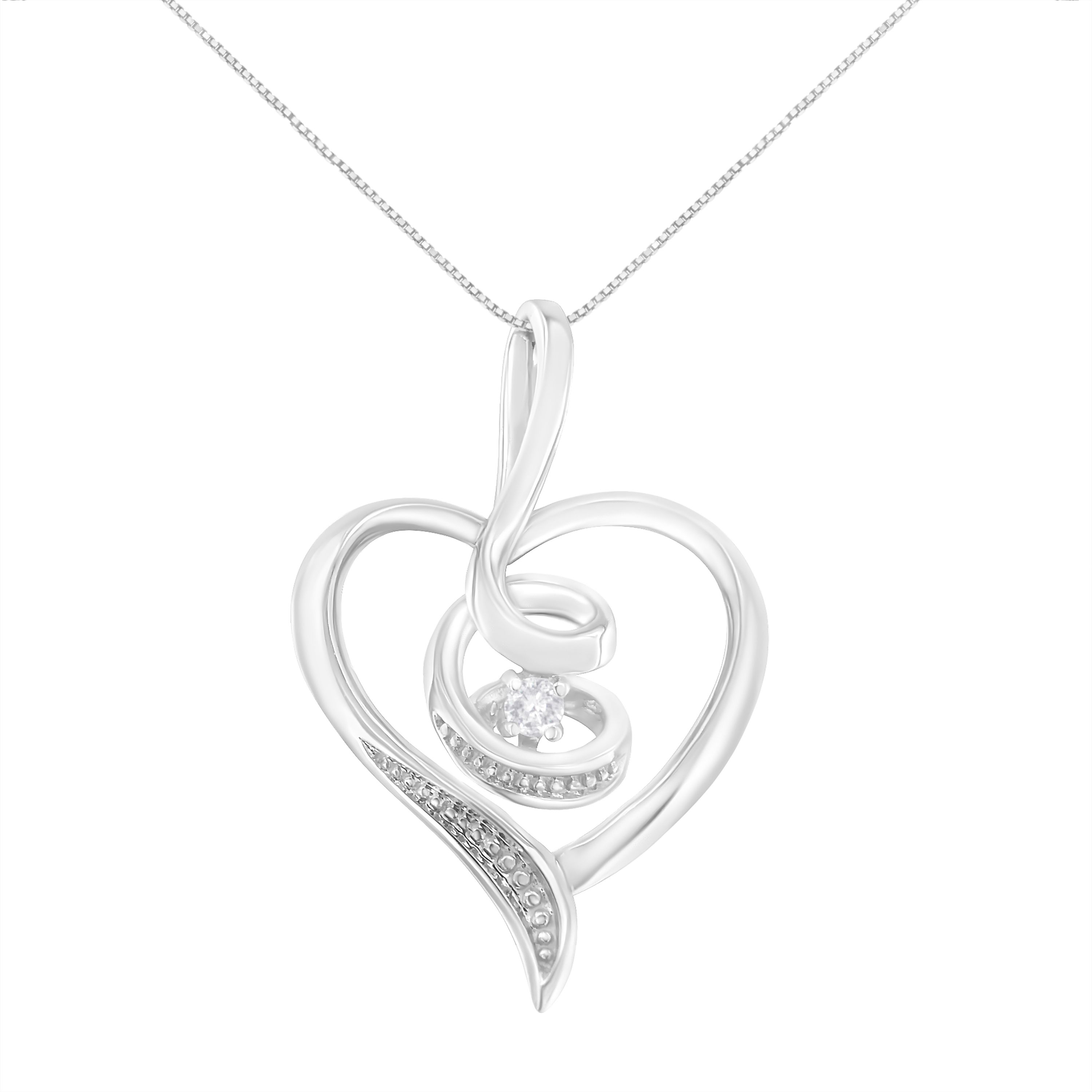 10K White Gold .03 Cttw Diamond-Accented Diamond Swirl Open Heart Pendant Necklace