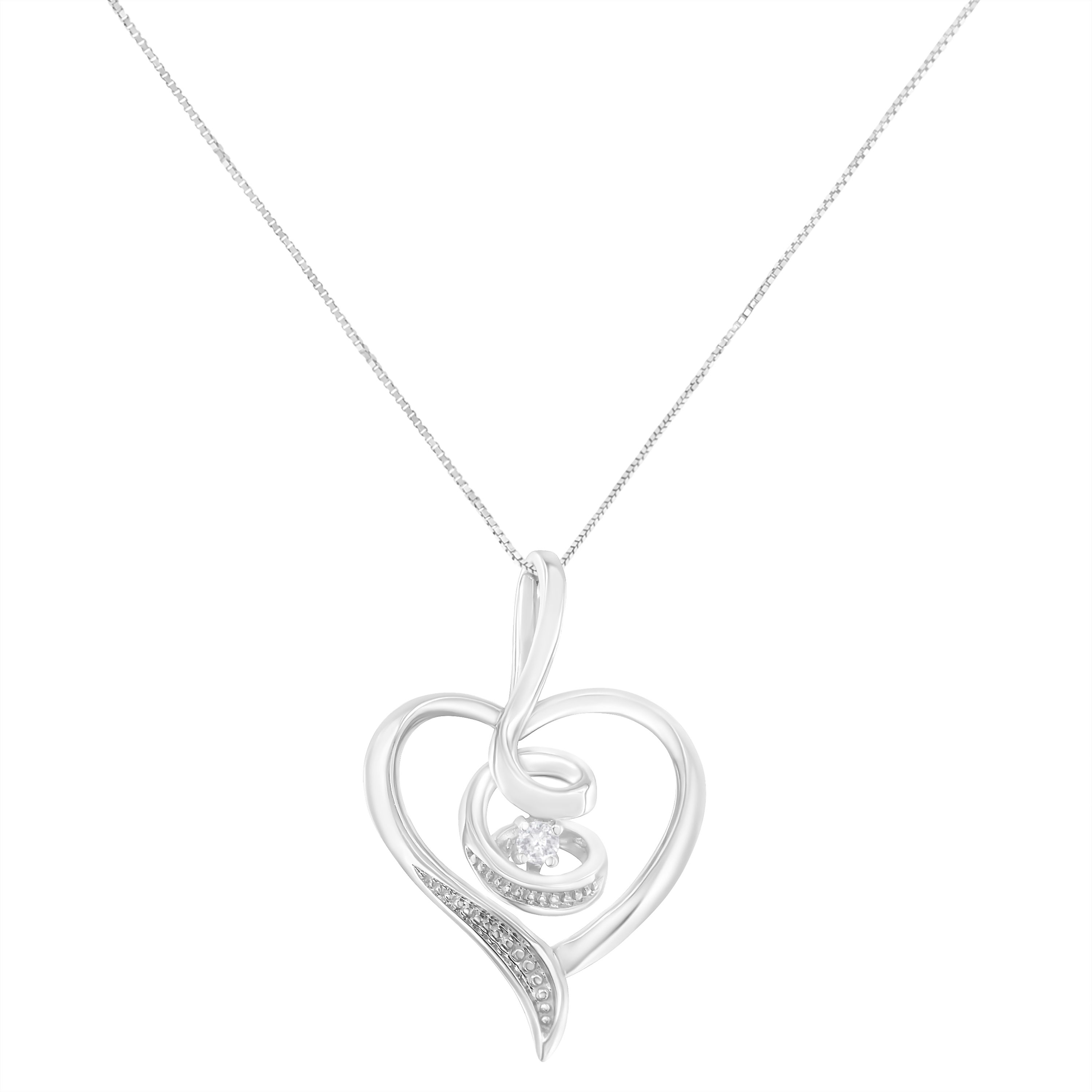 10K White Gold .03 Cttw Diamond-Accented Diamond Swirl Open Heart Pendant Necklace