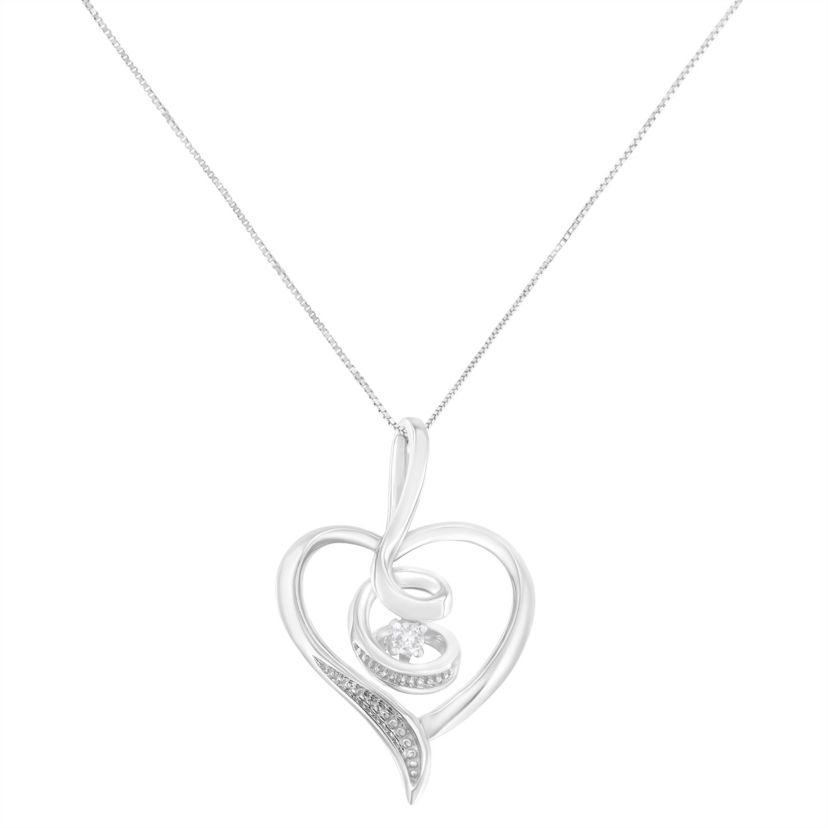 10K White Gold .03 Cttw Diamond-Accented Diamond Swirl Open Heart Pendant Necklace