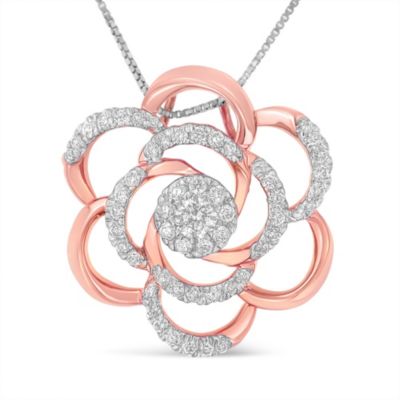 Haus of Brilliance 10K Rose Gold Plated Flower Accent Pendant Necklace with 1/2 cttw Round Cut Diamond, 18 in