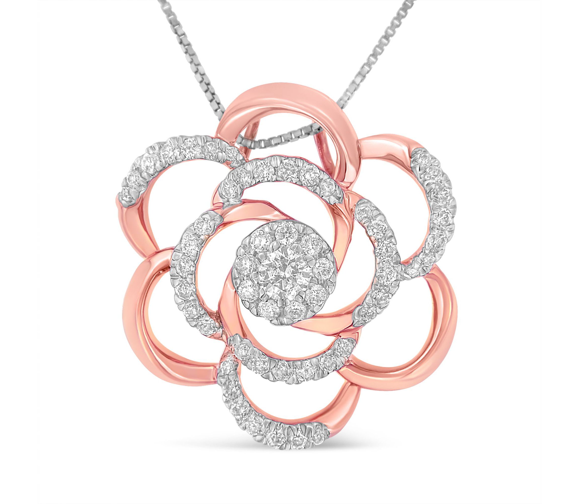 10K Rose Gold Plated Flower Accent Pendant Necklace with 1/2 cttw Round Cut Diamond
