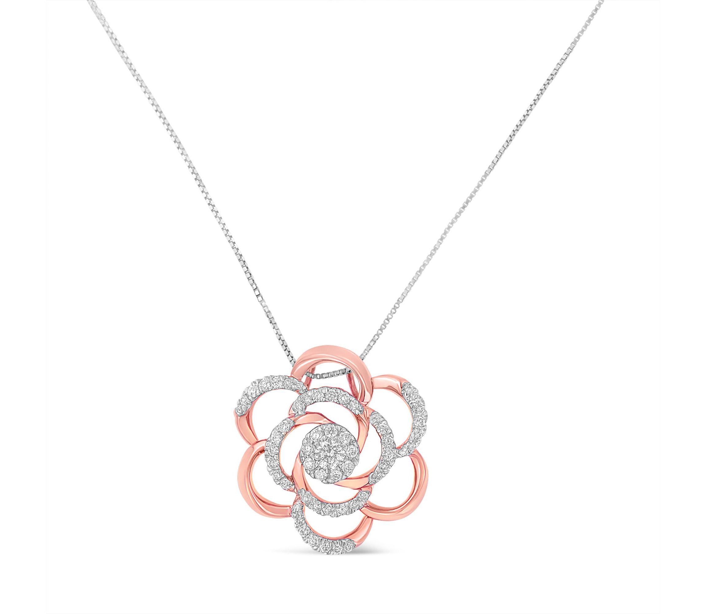 10K Rose Gold Plated Flower Accent Pendant Necklace with 1/2 cttw Round Cut Diamond