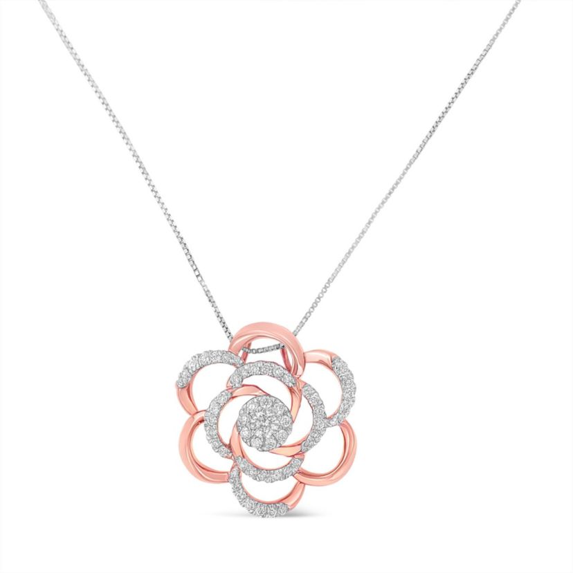 10K Rose Gold Plated Flower Accent Pendant Necklace with 1/2 cttw Round Cut Diamond