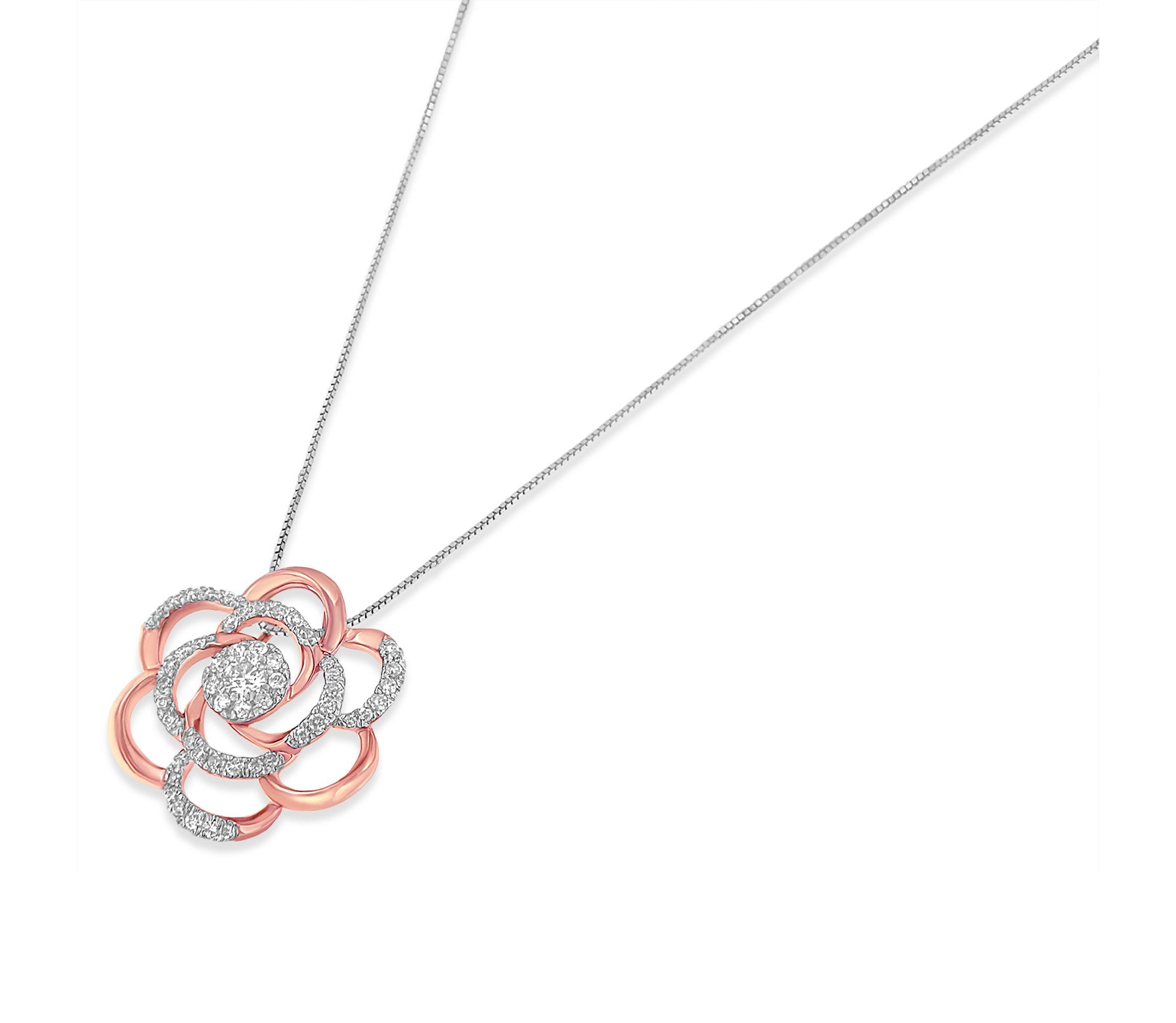 10K Rose Gold Plated Flower Accent Pendant Necklace with 1/2 cttw Round Cut Diamond