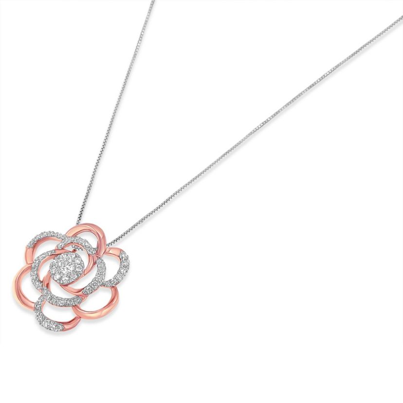 10K Rose Gold Plated Flower Accent Pendant Necklace with 1/2 cttw Round Cut Diamond