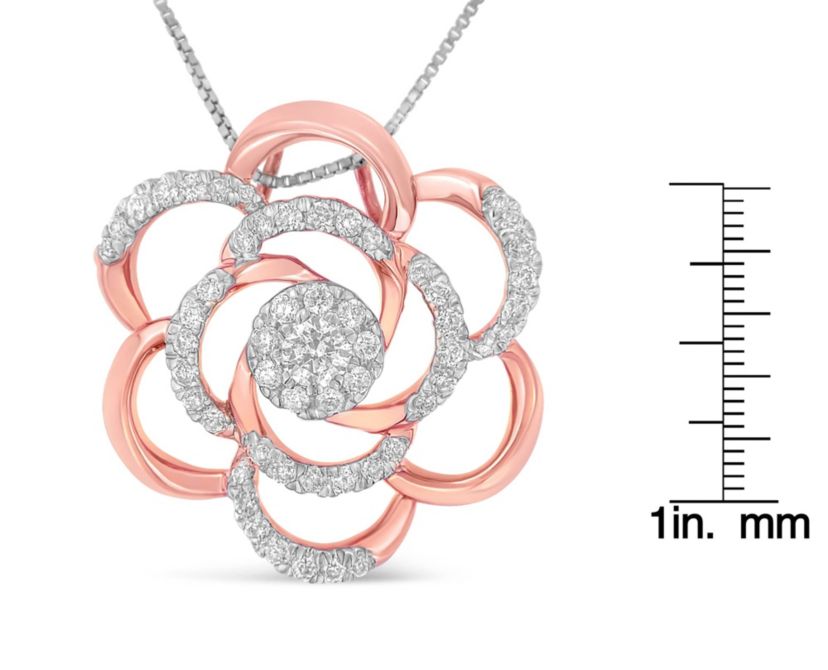 10K Rose Gold Plated Flower Accent Pendant Necklace with 1/2 cttw Round Cut Diamond