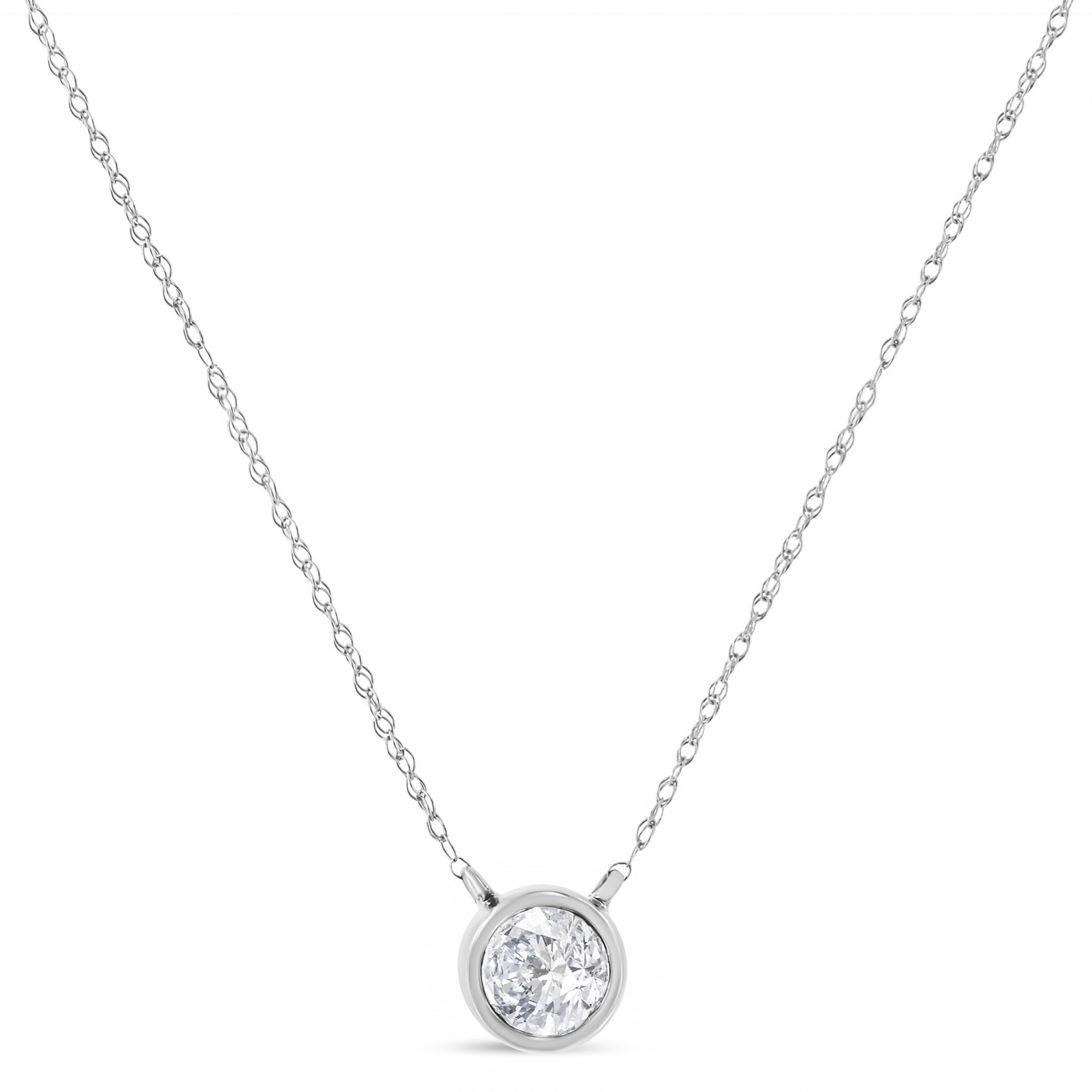 10K White Gold 1/5 Carat Diamond Modern Bezel-Set Solitaire 16"-18" Pendant Necklace
