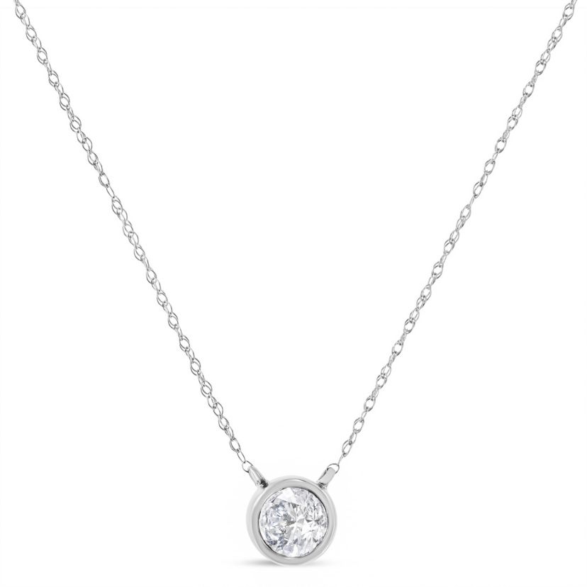10K White Gold 1/5 Carat Diamond Modern Bezel-Set Solitaire 16"-18" Pendant Necklace