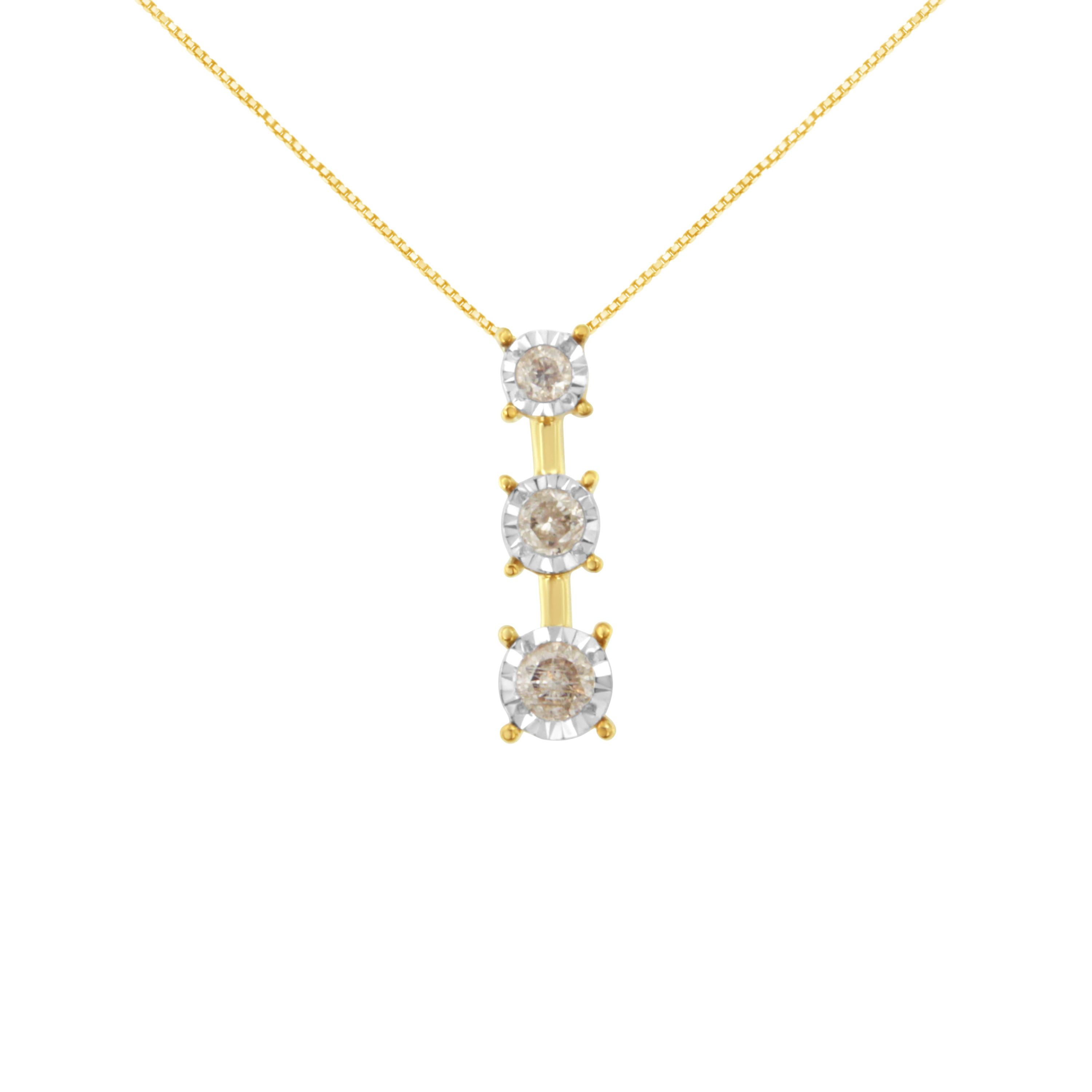 10K Yellow Gold 1/4 cttw Diamond Graduating 3 Stone Drop 18" Pendant Necklace