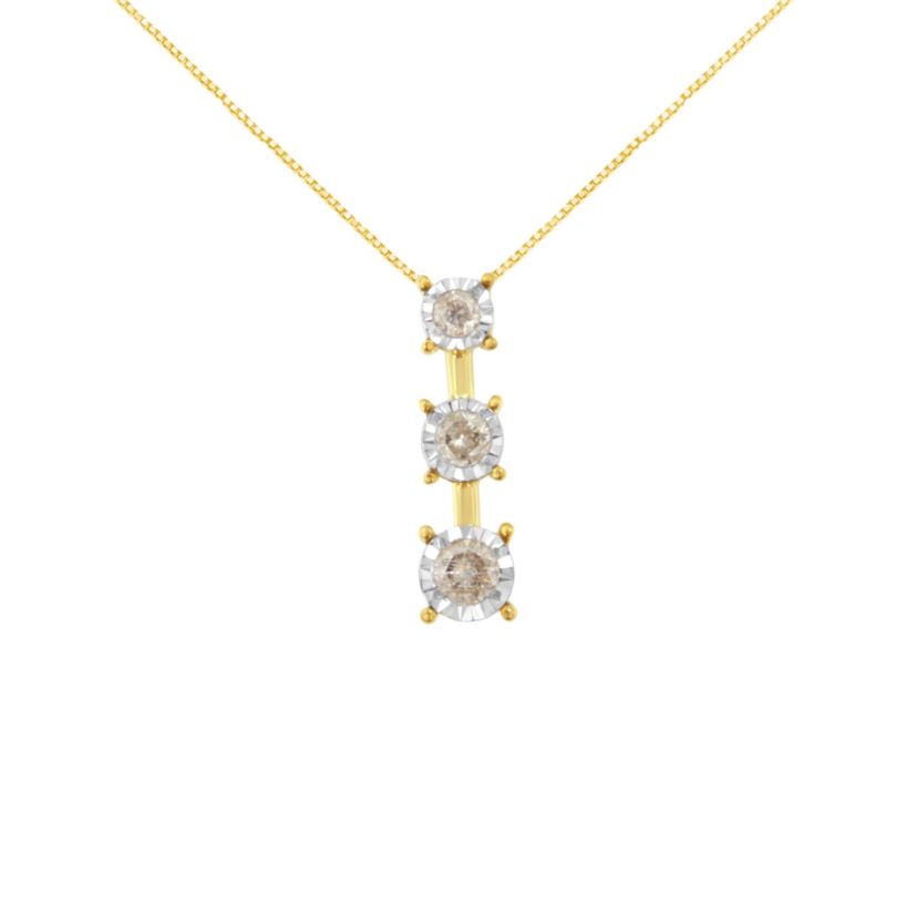 10K Yellow Gold 1/4 cttw Diamond Graduating 3 Stone Drop 18" Pendant Necklace