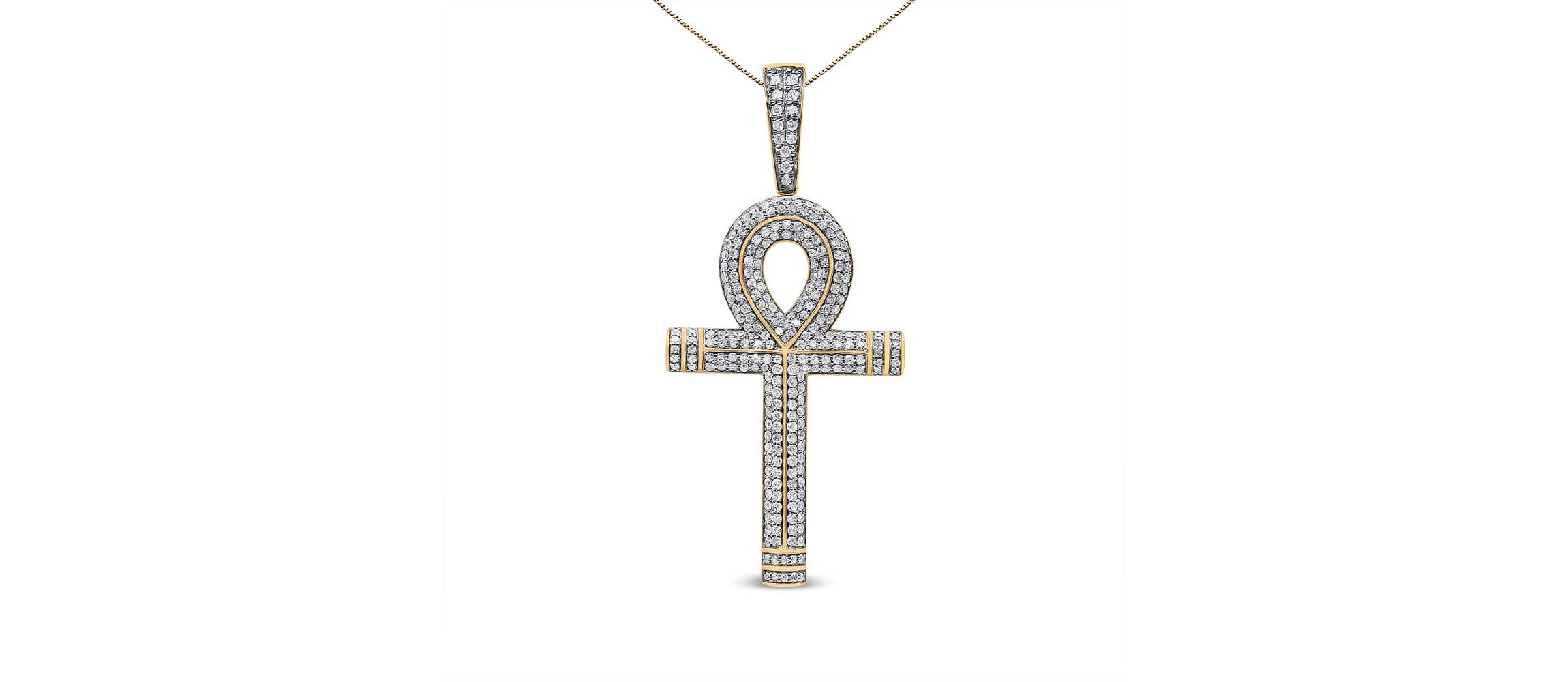10K Yellow Gold 1 7/8 Cttw Diamond Ankh Cross Pendant Necklace for Men - NO CHAIN