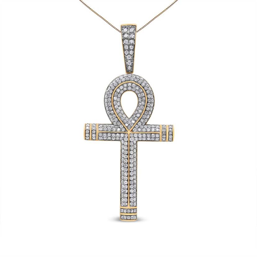 10K Yellow Gold 1 7/8 Cttw Diamond Ankh Cross Pendant Necklace for Men - NO CHAIN