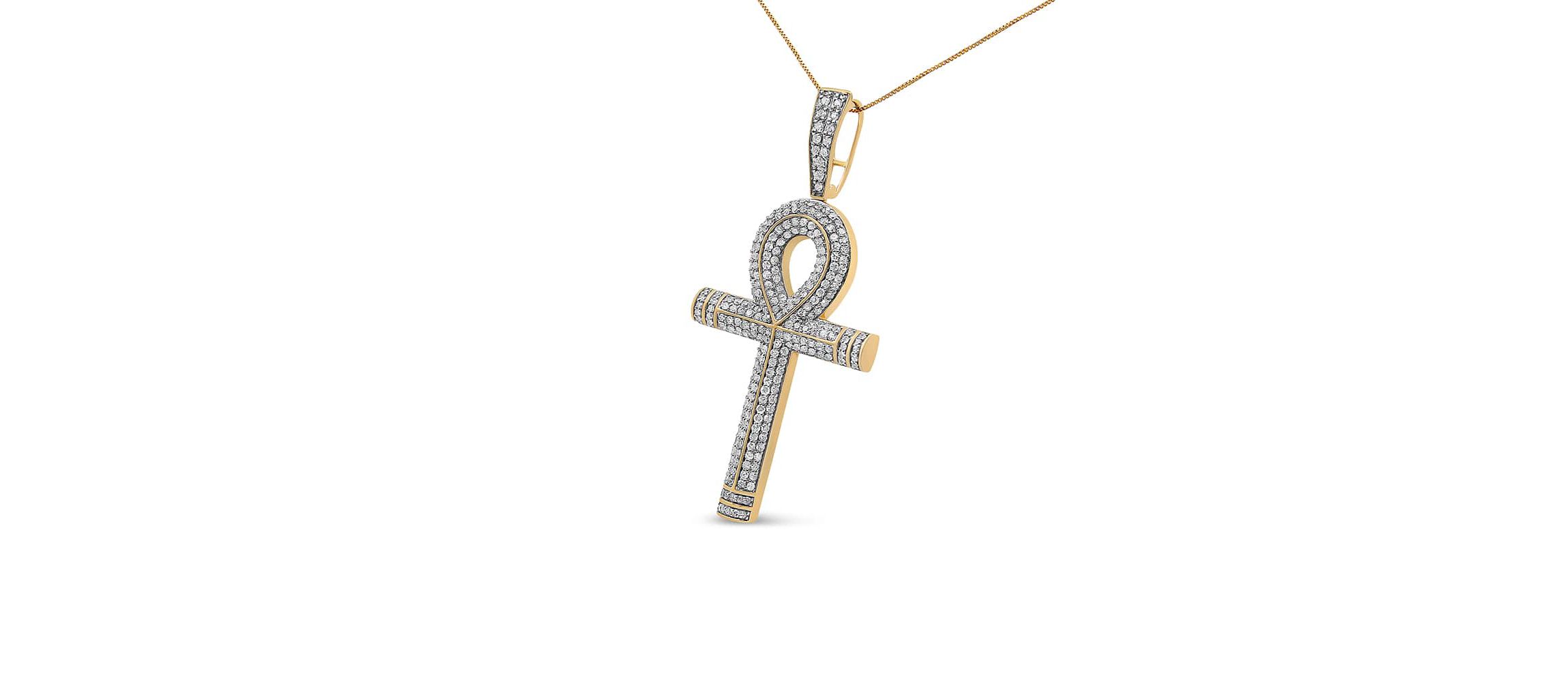 10K Yellow Gold 1 7/8 Cttw Diamond Ankh Cross Pendant Necklace for Men - NO CHAIN