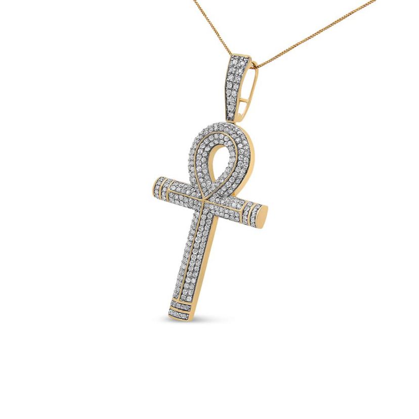 10K Yellow Gold 1 7/8 Cttw Diamond Ankh Cross Pendant Necklace for Men - NO CHAIN