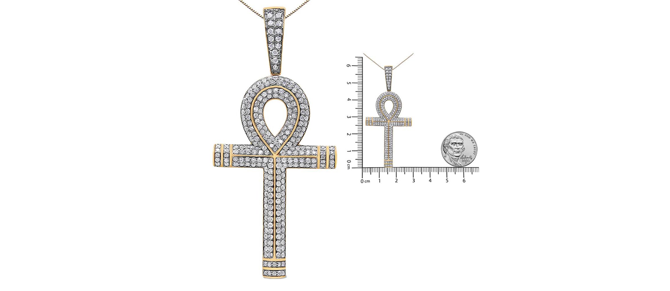10K Yellow Gold 1 7/8 Cttw Diamond Ankh Cross Pendant Necklace for Men - NO CHAIN