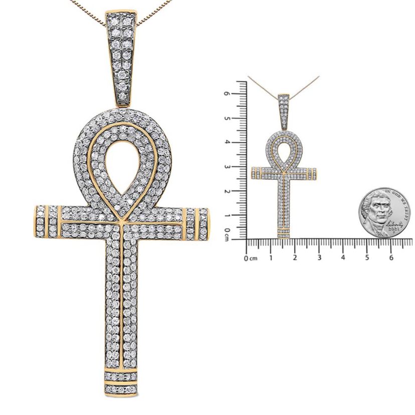 10K Yellow Gold 1 7/8 Cttw Diamond Ankh Cross Pendant Necklace for Men - NO CHAIN