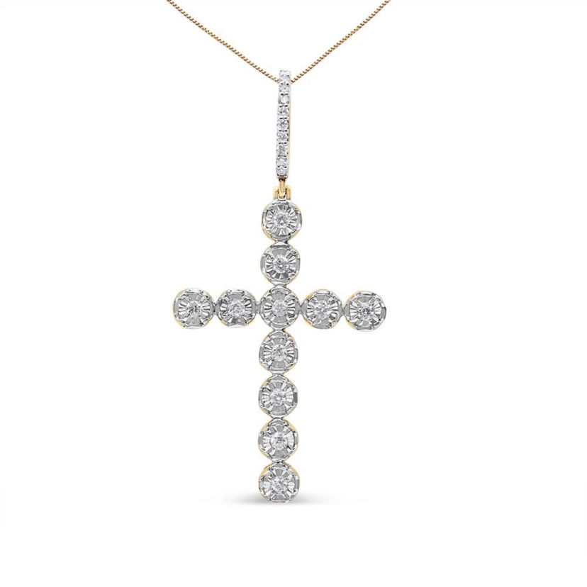 10K Yellow Gold 5/8 Cttw Diamond Link Cross Pendant Necklace for Men - NO CHAIN