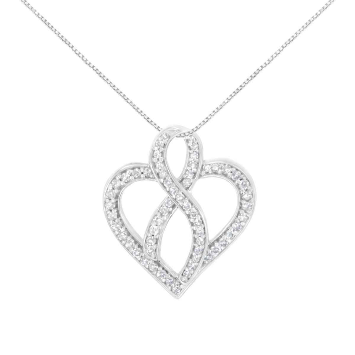 14K White Gold 1/4 cttw Round Cut Diamond Heart and Ribbon Center Pendant Necklace